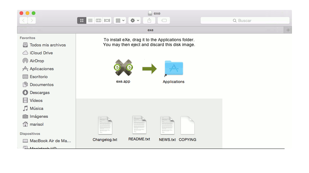 Apple - Mover icono eXe a carpeta Aplicaciones. Licencia CC(BY-NC-SC)