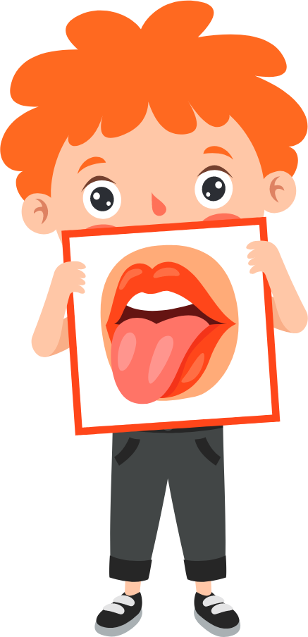 Imagen de un niño con un cartel cerca de la cara con la imagen de una boca
