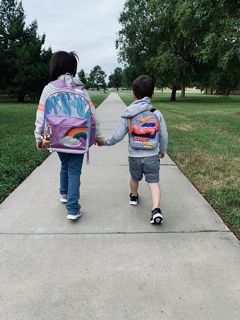 niños caminando hacia la escuela