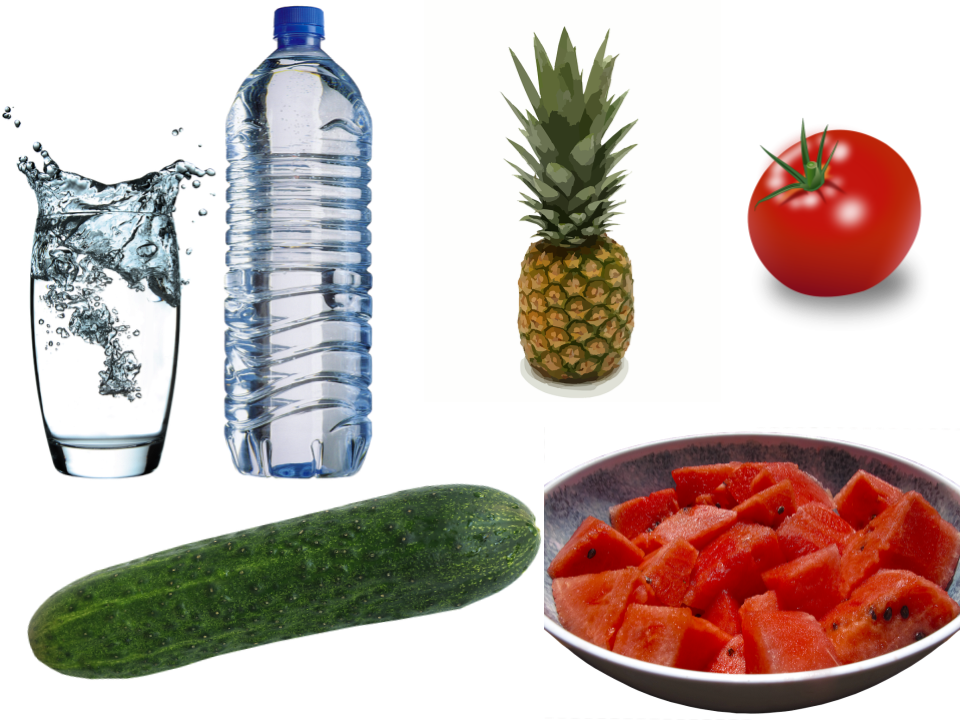 Alimentos que contienen agua: piña, tomate, sandía, pepino,...