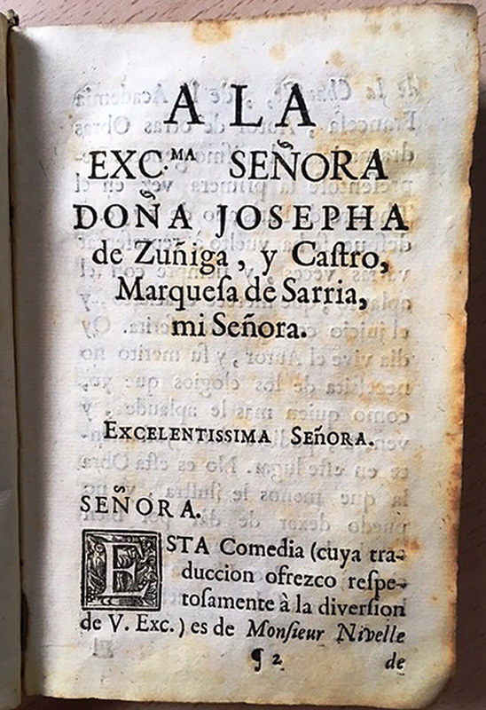 Página de libro antiguo con la dedicatoria a la marquesa de Sarria
