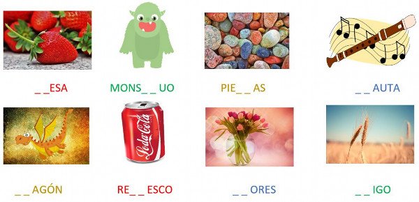 Grupo de 8 imágenes. Dragón, monstruo, flauta, refresco, fresa, flores, piedras y trigo