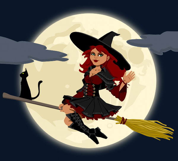 Dibujo de una bruja subida en su escoba volando junto a la luna junto a su gato.