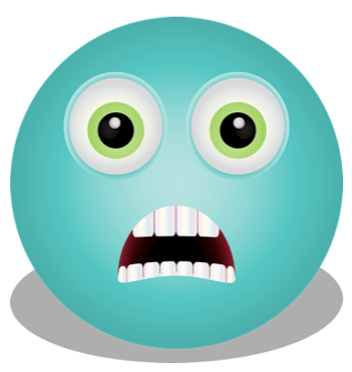 Emoji en color azul turquesa con los ojos y la boca abiertos expresando terror 