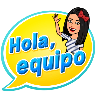 Dibujo de un emoticono de Silvia Pelayo, hecho con la aplicación Bitmoji, en la que sale un bocadillo en el que se puede leer: hola equipo.