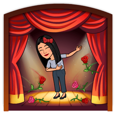 Avatar de Silvia, creado con Bitmoji, saludando en un teatro al finalizar con rosas por el aire, como si se las hubiera lanzado el público