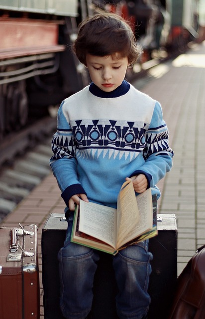 Un niño de corta edad lee un libro atentamente. 