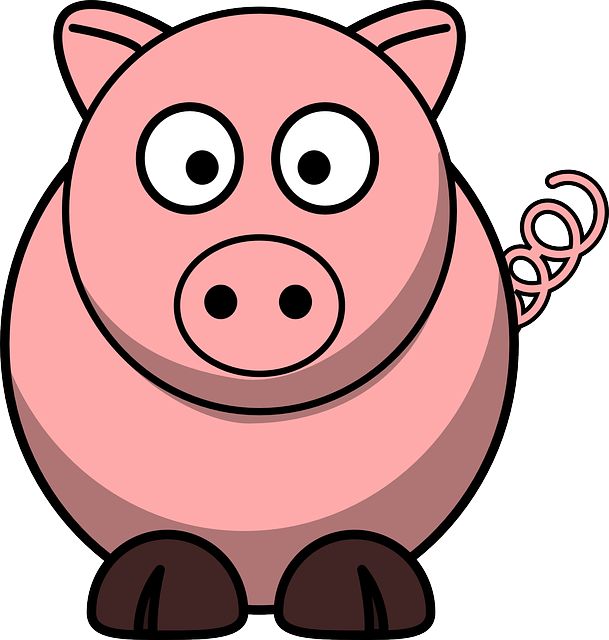 Dibujo de un cerdo de color rosado que se caracteriza por tener una cola muy enrollada y una nariz grande