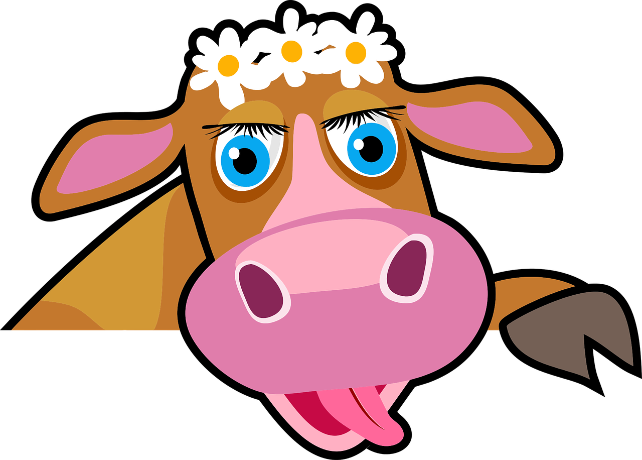 Una vaca divertida con flores en la cabeza.