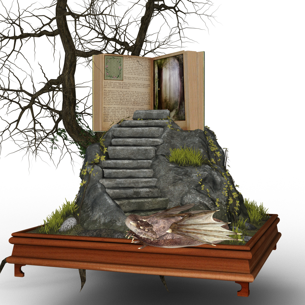 Una escalera en la roca, debajo un dragón, encima un árbol sin hojas y al lado un libro abierto.
