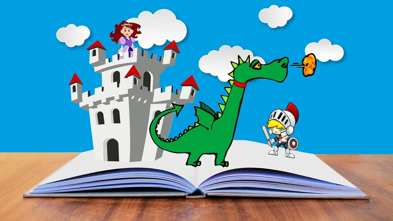 Encima de un libro hay un castillo, una dama, un caballero y un dragón.