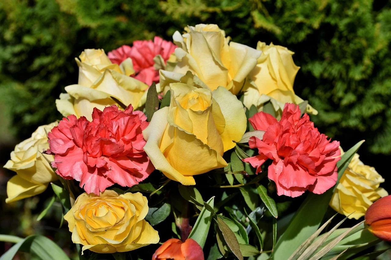 Ramo de rosas y claveles de colores pálidos