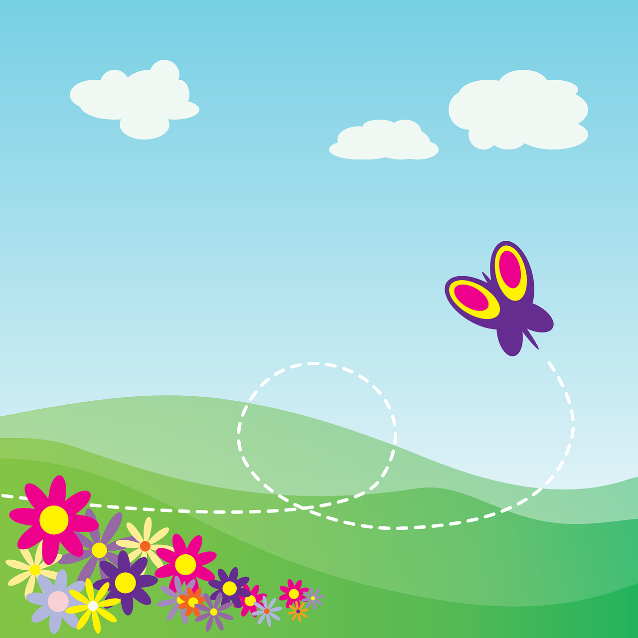 Una mariposa vuela cerca de las flores, al fondo una montañas.