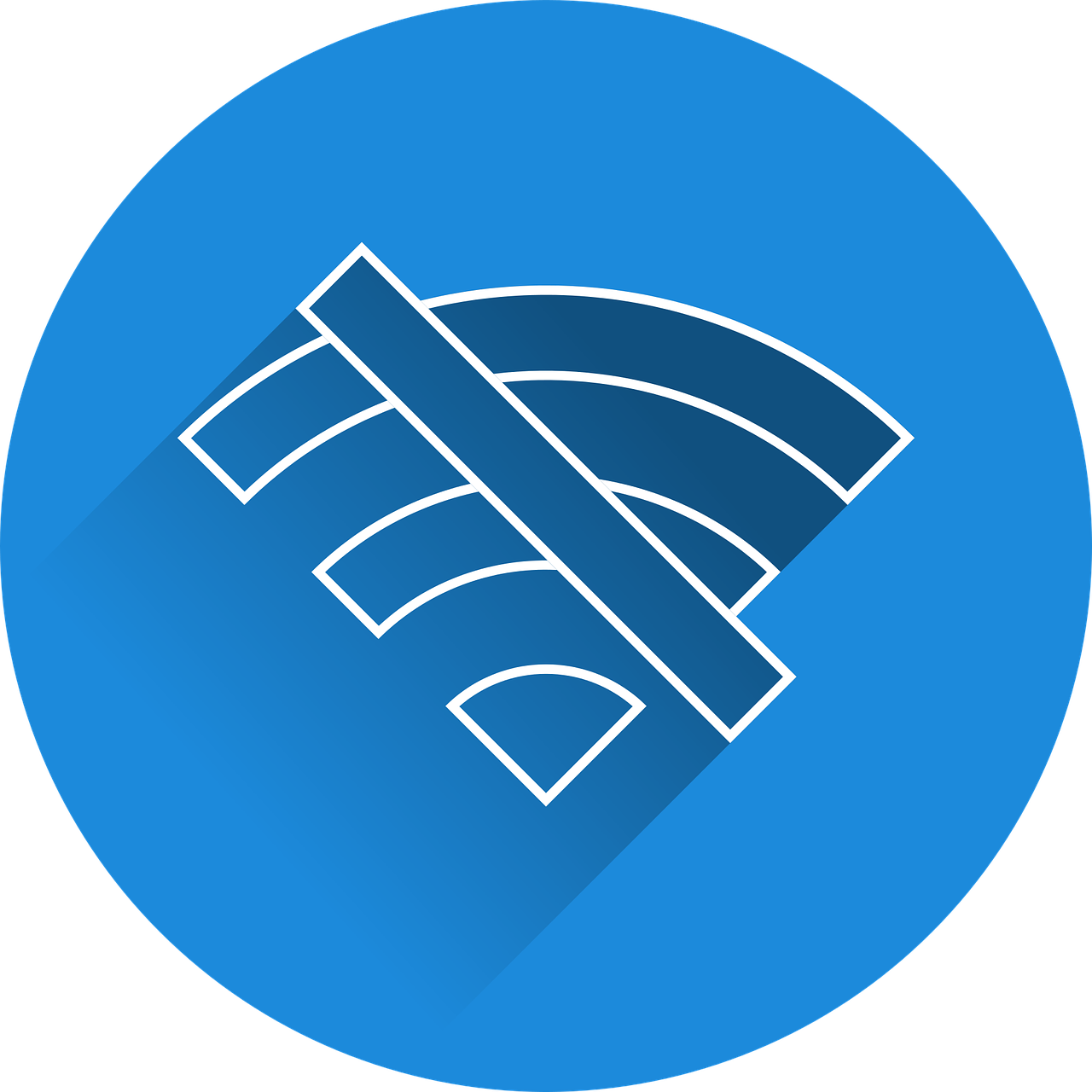 Una señal redonda azul en la que está el símbolo del wifi tachado