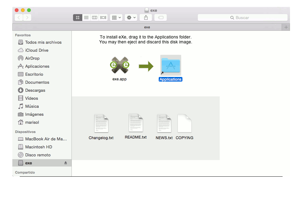Apple - Desmontar paquete de instalación de eXeLearning.. Licencia CC(BY-NC-SC)