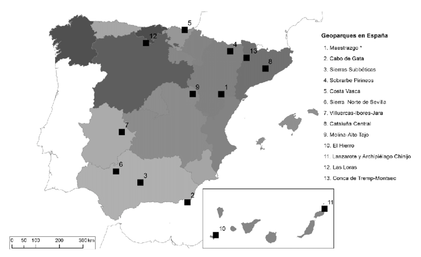 Mapa de geoparques de España. 