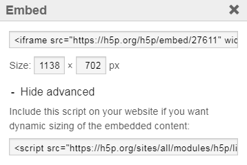 Ventana emergente que muestra las opciones para insertar el contenido < html > como un iframe