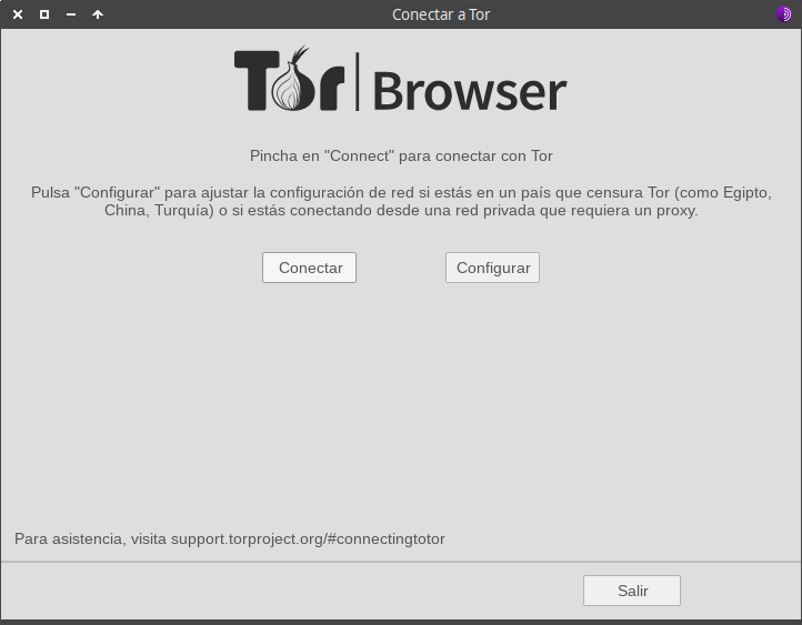 Pantalla inicial de Tor en su versión para Linux, donde debemos indicar si nuestro país censura o no Internet