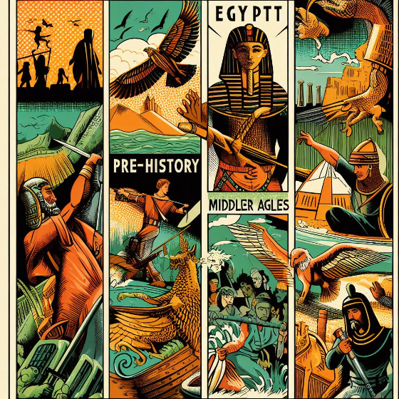 Un poster vertical con temas históricos como la prehistoria, Egipto, la edad media, etc., en un estilo de cómic