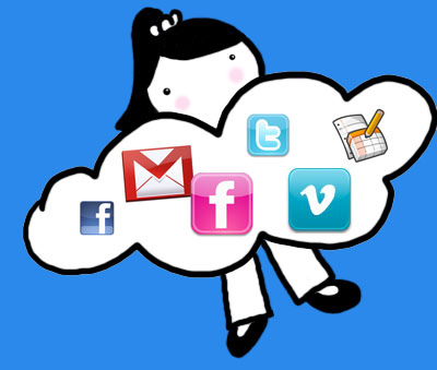 Dibujo de una niña que sujeta una nube con logos de las redes sociales.