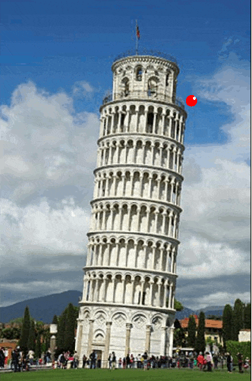 Pelota roja cayendo desde la torre de Pisa