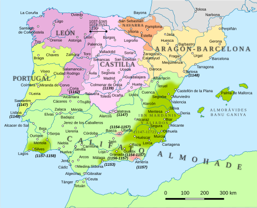 Mapa de la Península ibérica en la primera mitad del siglo XII d.C.: Reinos de Portugal, León y Castilla, Navarra y Aragón y Califato Almohade.