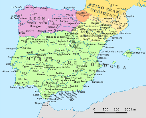Mapa de la Península ibérica en el año 910 d.C.: Reinos de León y Navarra, la Marca Hispánica y el Emirato de Córdoba.