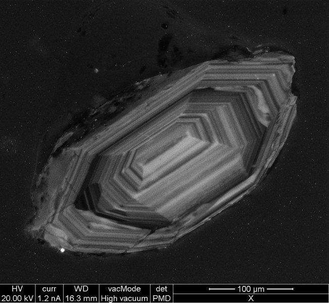 Se observa una imagen de microscopio electrónico de un grano de circón