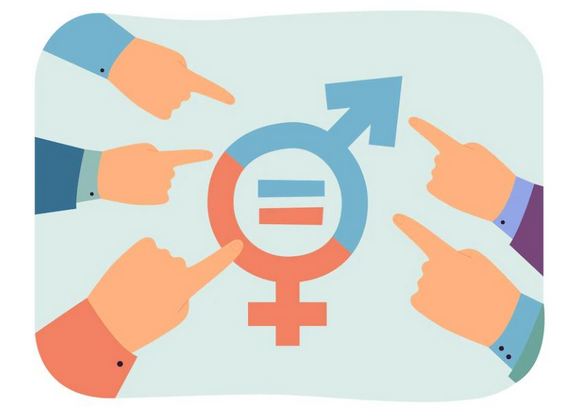 Signos de igualdad de género rodeado de manos.