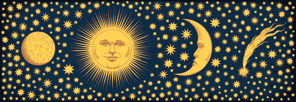 Sol, luna, estrellas y meteoro en el cielo nocturno