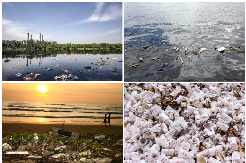 Collage de imágenes sobre contaminación y residuos en los océanos y playas