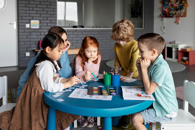 Niños y niñas colaborando en mesa redonda.